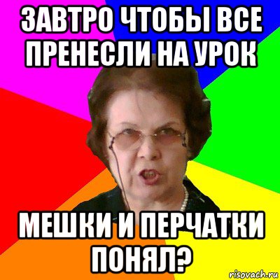 завтро чтобы все пренесли на урок мешки и перчатки ПОНЯЛ?, Мем Типичная училка