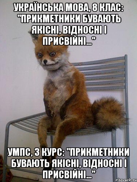 Українська мова, 8 клас: "Прикметники бувають якісні, відносні і присвійні..." УМПС, 3 курс: "Прикметники бувають якісні, відносні і присвійні...", Мем Упоротая лиса