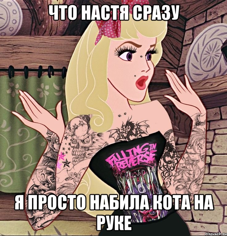 Что Настя сразу Я просто набила кота на руке, Мем воу