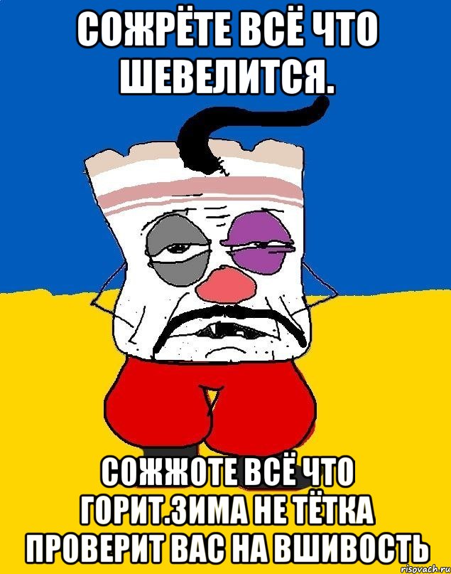 Сожрёте всё что шевелится. Сожжоте всё что горит.зима не тётка проверит вас на вшивость, Мем Западенец - тухлое сало