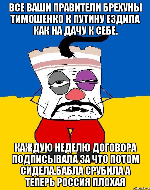 Все ваши правители брехуны тимошенко к путину ездила как на дачу к себе. Каждую неделю договора подписывала за что потом сидела.бабла срубила а теперь россия плохая, Мем Западенец - тухлое сало