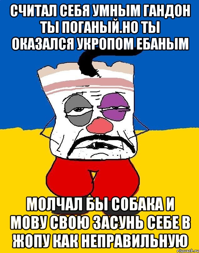 Считал себя умным гандон ты поганый.но ты оказался укропом ебаным Молчал бы собака и мову свою засунь себе в жопу как неправильную, Мем Западенец - тухлое сало