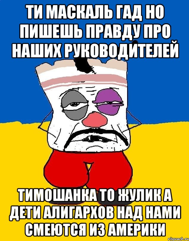 Ти маскаль гад но пишешь правду про наших руководителей Тимошанка то жулик а дети алигархов над нами смеются из америки, Мем Западенец - тухлое сало