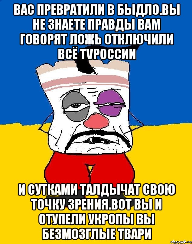 Вас превратили в быдло.вы не знаете правды вам говорят ложь отключили всё TVроссии И сутками талдычат свою точку зрения.вот вы и отупели укропы вы безмозглые твари, Мем Западенец - тухлое сало