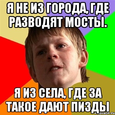 Я не из города, где разводят мосты. Я из села, где за такое дают пизды, Мем Злой школьник