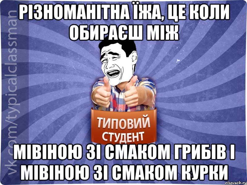 Різноманітна їжа, це коли обираєш між мівіною зі смаком грибів і мівіною зі смаком курки, Мем Типовий студент
