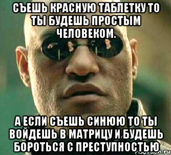 Съешь красную таблетку то ты будешь простым человеком. А если съешь синюю то ты войдешь в матрицу и будешь бороться с преступностью