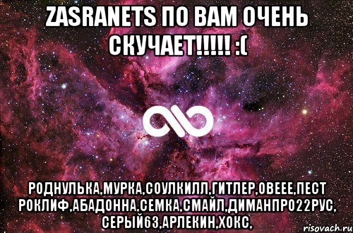 Zasranets по вам очень скучает!!!!! :( Роднулька,Мурка,СоулКилл,Гитлер,Овеее,Пест Роклиф,Абадонна,Семка,Смайл,ДиманПро22Рус, СерЫй63,Арлекин,Хокс,, Мем офигенно