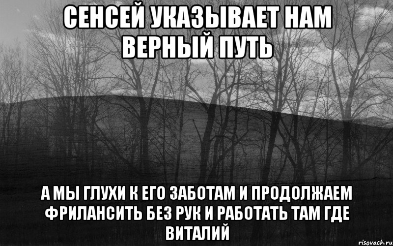 Сенсей указывает нам верный путь А мы глухи к его заботам и продолжаем фрилансить без рук и работать там где Виталий, Мем безысходность тлен боль