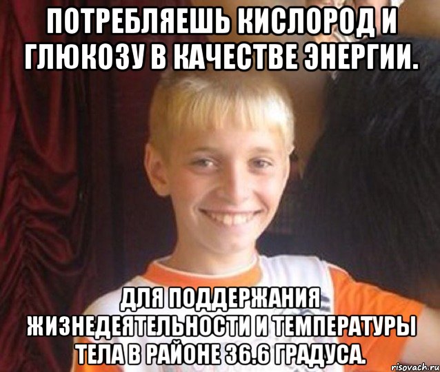 Потребляешь кислород и глюкозу в качестве энергии. Для поддержания жизнедеятельности и температуры тела в районе 36.6 градуса.