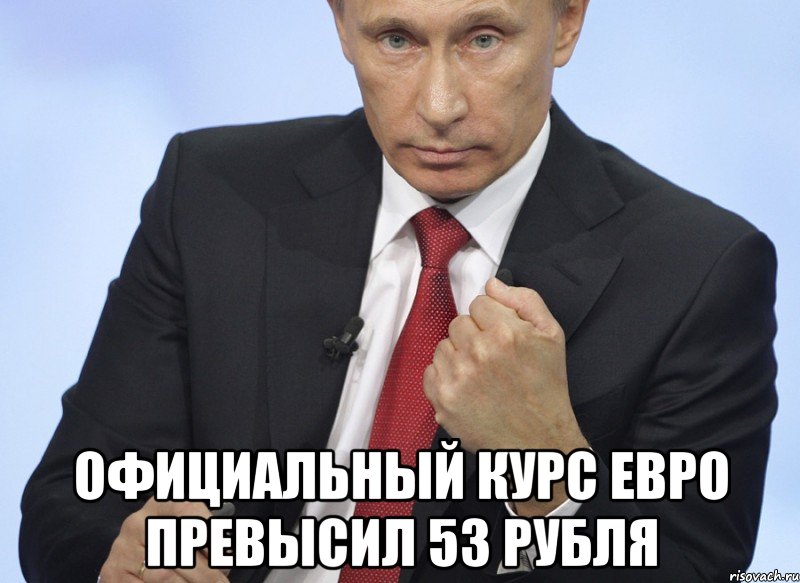  Официальный курс евро превысил 53 рубля, Мем Путин показывает кулак