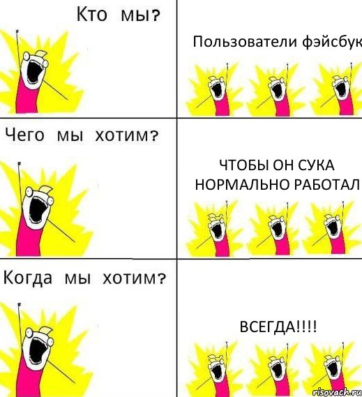 Пользователи фэйсбук Чтобы он сука нормально работал Всегда!!!!, Комикс Что мы хотим