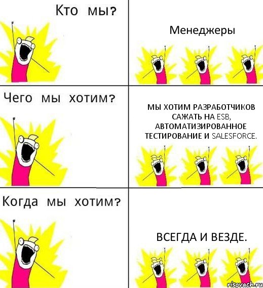 Менеджеры Мы хотим разработчиков сажать на ESB, автоматизированное тестирование и SalesForce. Всегда и везде., Комикс Что мы хотим