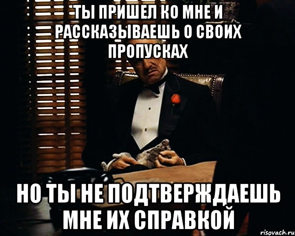 ТЫ ПРИШЕЛ КО МНЕ И РАССКАЗЫВАЕШЬ О СВОИХ ПРОПУСКАХ НО ТЫ НЕ ПОДТВЕРЖДАЕШЬ МНЕ ИХ СПРАВКОЙ, Мем Дон Вито Корлеоне