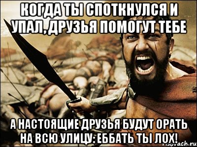 когда ты споткнулся и упал, друзья помогут тебе а настоящие друзья будут орать на всю улицу: еббать ты лох!, Мем Это Спарта