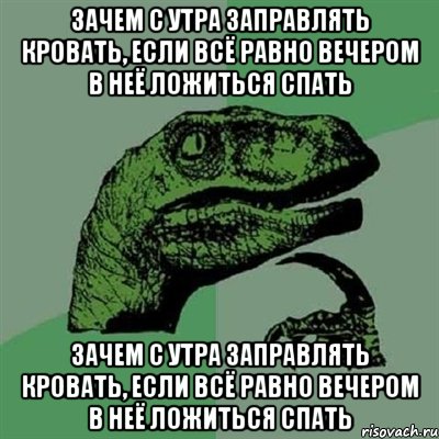 Зачем с утра заправлять кровать, если всё равно вечером в неё ложиться спать Зачем с утра заправлять кровать, если всё равно вечером в неё ложиться спать, Мем Филосораптор