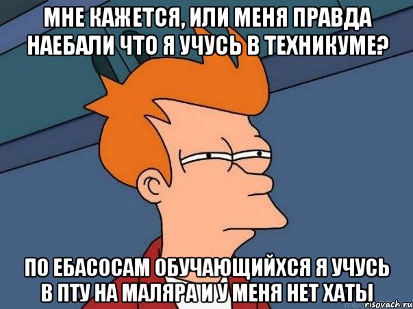 мне кажется, или меня правда наебали что я учусь в техникуме? По ебасосам обучающийхся я учусь в ПТУ на маляра и у меня нет хаты, Мем  Фрай (мне кажется или)