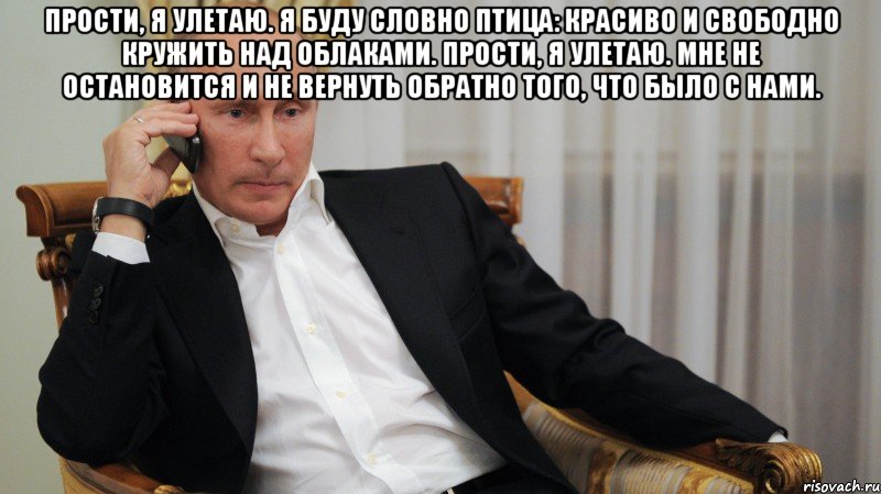 Прости, я улетаю. Я буду словно птица: Красиво и свободно кружить над облаками. Прости, я улетаю. Мне не остановится И не вернуть обратно того, что было с нами. 