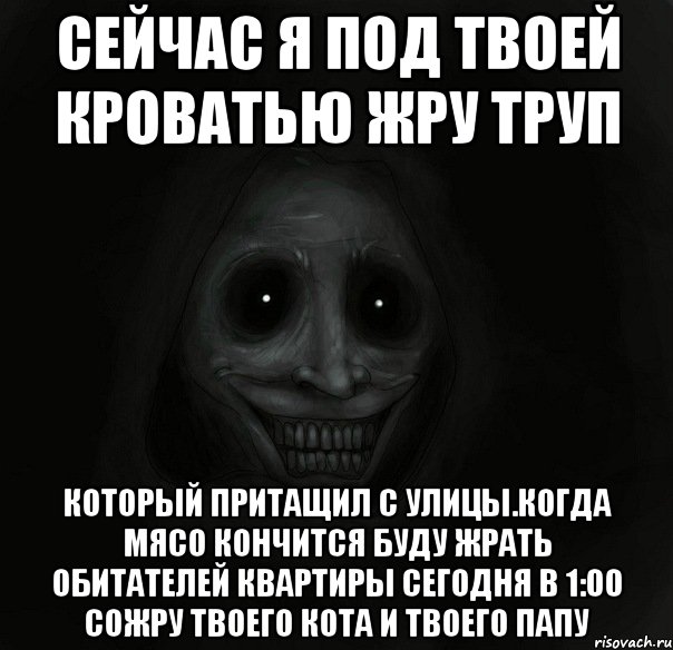 Сейчас я под твоей кроватью жру труп который притащил с улицы.Когда мясо кончится буду жрать обитателей квартиры Сегодня в 1:00 сожру твоего кота и твоего папу, Мем Ночной гость