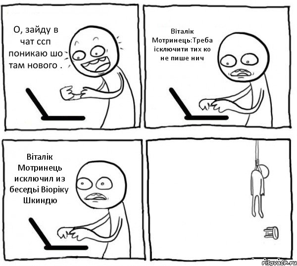 О, зайду в чат ссп поникаю шо там нового . Віталік Мотринець:Треба ісключити тих ко не пише нич Віталік Мотринець исключил из беседьі Віоріку Шкиндю 