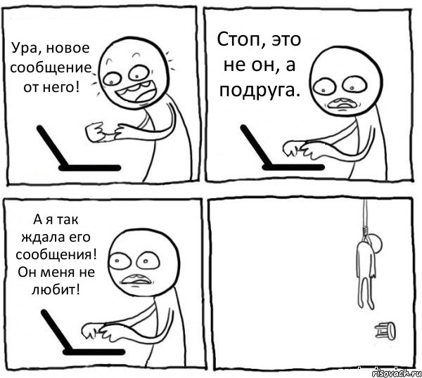 Ура, новое сообщение от него! Стоп, это не он, а подруга. А я так ждала его сообщения! Он меня не любит! 