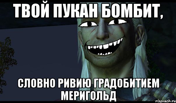 Твой пукан бомбит, словно Ривию градобитием Меригольд, Мем e