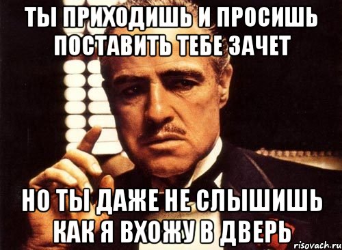 Ты приходишь и просишь поставить тебе зачет но ты даже не слышишь как я вхожу в дверь, Мем крестный отец