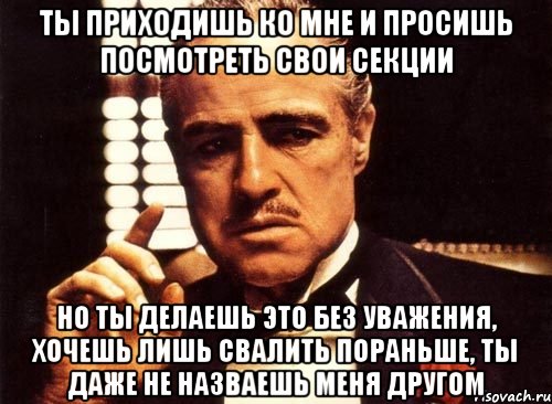 Ты приходишь ко мне и просишь посмотреть свои секции Но ты делаешь это без уважения, хочешь лишь свалить пораньше, ты даже не назваешь меня другом, Мем крестный отец