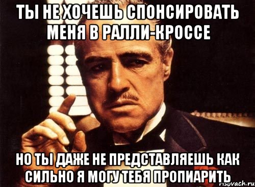 Ты не хочешь спонсировать меня в ралли-кроссе Но ты даже не представляешь как сильно я могу тебя пропиарить, Мем крестный отец