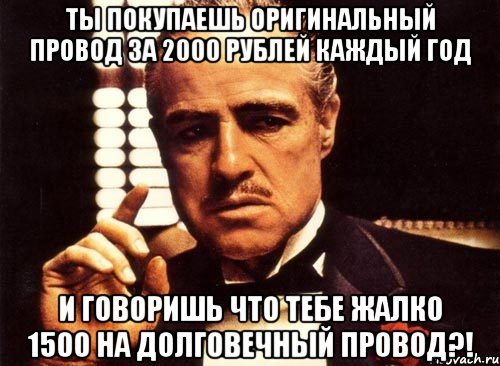 Ты покупаешь оригинальный провод за 2000 рублей каждый год и говоришь что тебе жалко 1500 на долговечный провод?!, Мем крестный отец