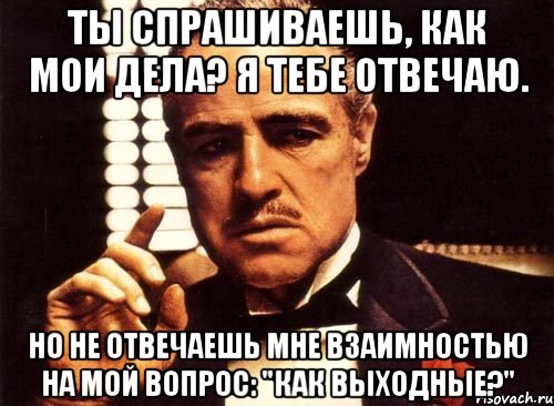 Ты спрашиваешь, как мои дела? Я тебе отвечаю. Но не отвечаешь мне взаимностью на мой вопрос: "Как выходные?", Мем крестный отец