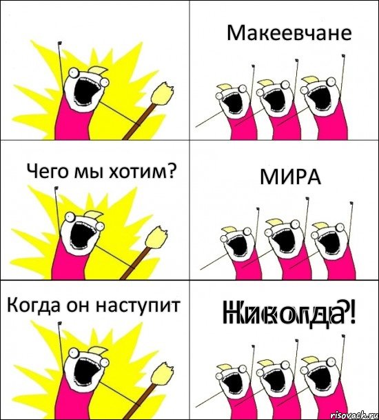 Кто мы? Макеевчане Чего мы хотим? МИРА Когда он наступит Никогда!, Комикс кто мы