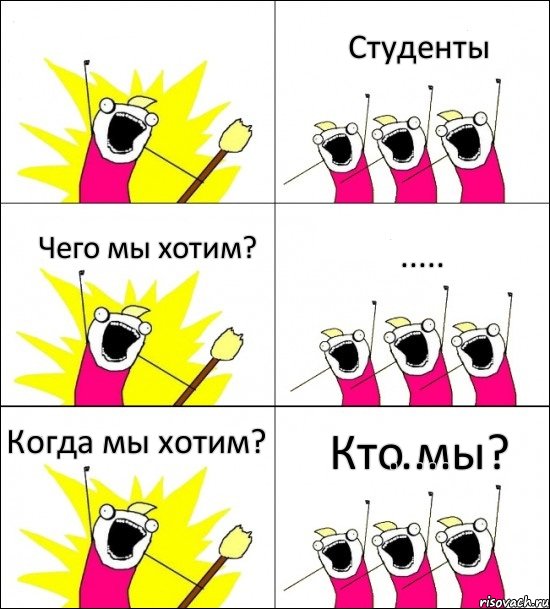 Кто мы? Студенты Чего мы хотим? ..... Когда мы хотим? ....., Комикс кто мы