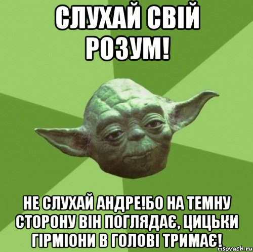 Слухай свій розум! Не Слухай Андре!Бо на темну сторону він поглядає, цицьки гірміони в голові тримає!, Мем Мастер Йода