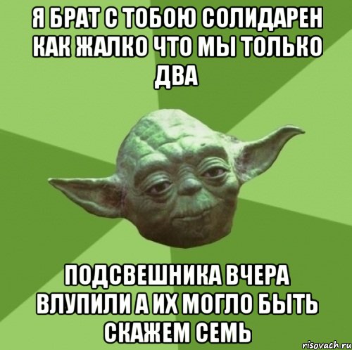 я брат с тобою солидарен как жалко что мы только два подсвешника вчера влупили а их могло быть скажем семь, Мем Мастер Йода