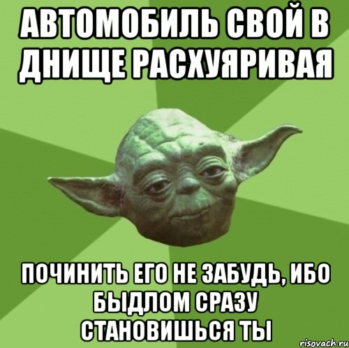 автомобиль свой в днище расхуяривая починить его не забудь, ибо быдлом сразу становишься ты, Мем Мастер Йода