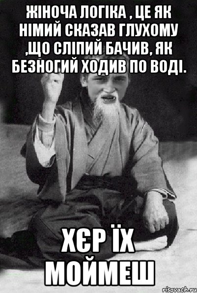 Жіноча логіка , це як німий сказав глухому ,що сліпий бачив, як безногий ходив по воді. Хєр їх моймеш, Мем Мудрий паца