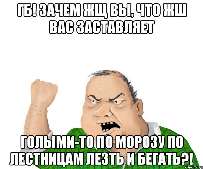 ГБ! Зачем жщ вы, что жш вас заставляет голыми-то по морозу по лестницам лезть и бегать?!, Мем мужик