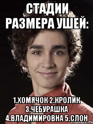 Стадии размера ушей: 1.Хомячок 2.Кролик 3.Чебурашка 4.Владимировна 5.Слон, Мем Нейтан из Отбросов