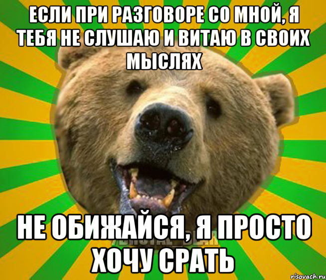 ЕСЛИ ПРИ РАЗГОВОРЕ СО МНОЙ, Я ТЕБЯ НЕ СЛУШАЮ И ВИТАЮ В СВОИХ МЫСЛЯХ НЕ ОБИЖАЙСЯ, Я ПРОСТО ХОЧУ СРАТЬ, Мем Нелепый медведь