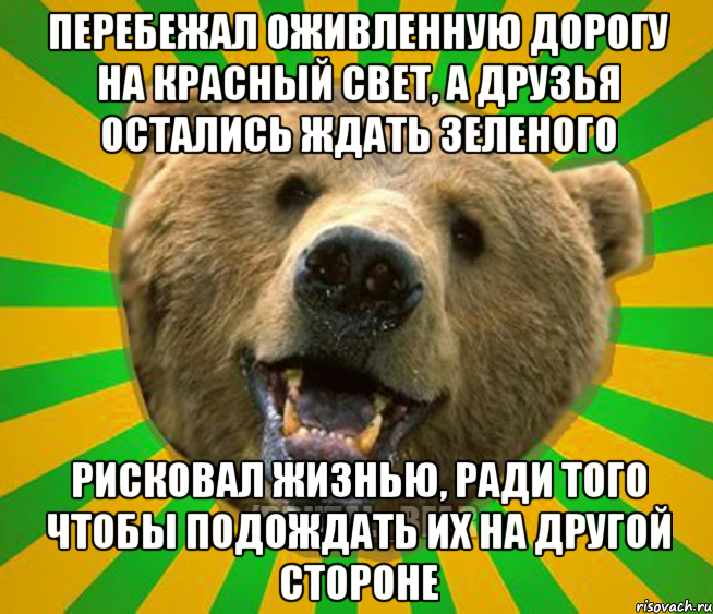 ПЕРЕБЕЖАЛ ОЖИВЛЕННУЮ ДОРОГУ НА КРАСНЫЙ СВЕТ, А ДРУЗЬЯ ОСТАЛИСЬ ЖДАТЬ ЗЕЛЕНОГО РИСКОВАЛ ЖИЗНЬЮ, РАДИ ТОГО ЧТОБЫ ПОДОЖДАТЬ ИХ НА ДРУГОЙ СТОРОНЕ, Мем Нелепый медведь