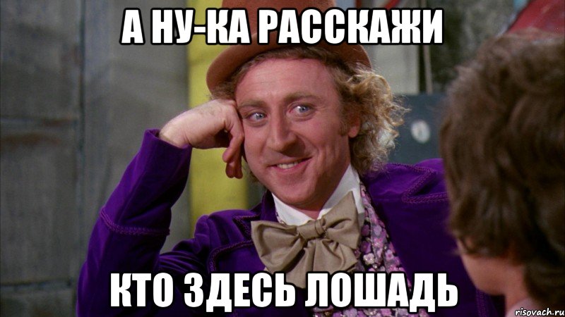 А ну-ка расскажи кто здесь лошадь, Мем Ну давай расскажи (Вилли Вонка)