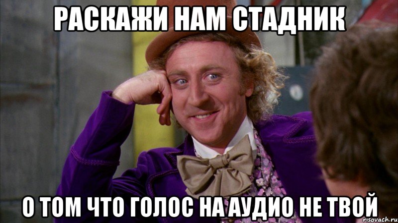 Раскажи нам Стадник О том что голос на аудио не твой, Мем Ну давай расскажи (Вилли Вонка)