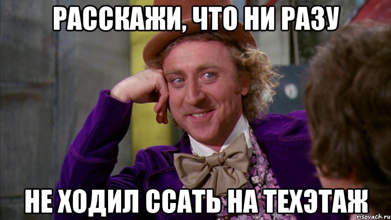 РАССКАЖИ, ЧТО НИ РАЗУ НЕ ХОДИЛ ССАТЬ НА ТЕХЭТАЖ, Мем Ну давай расскажи (Вилли Вонка)