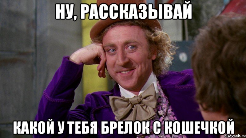 Ну, рассказывай какой у тебя брелок с кошечкой, Мем Ну давай расскажи (Вилли Вонка)