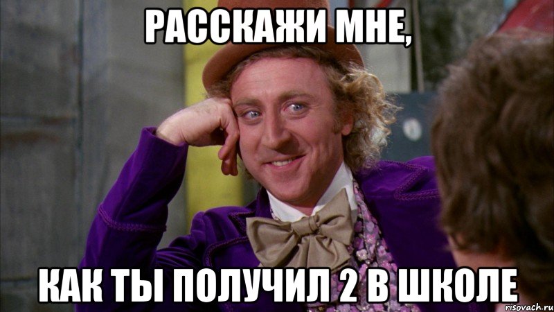 Расскажи мне, как ты получил 2 в школе, Мем Ну давай расскажи (Вилли Вонка)