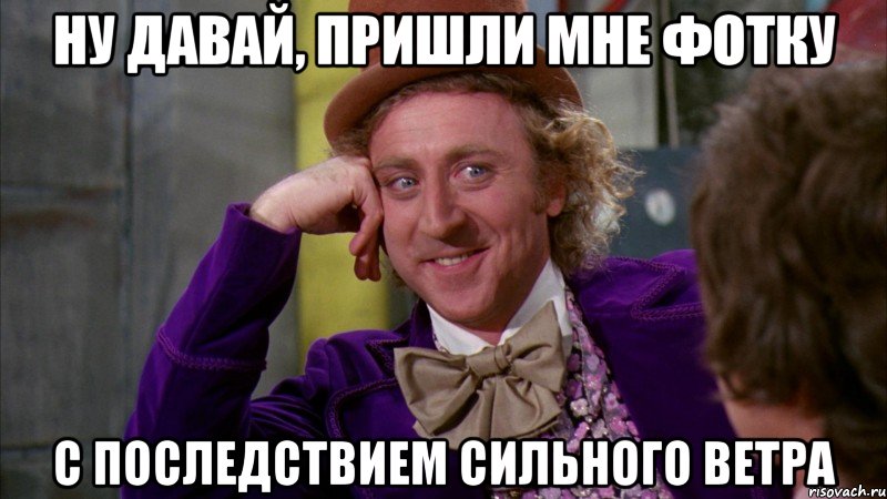ну давай, пришли мне фотку с последствием сильного ветра, Мем Ну давай расскажи (Вилли Вонка)