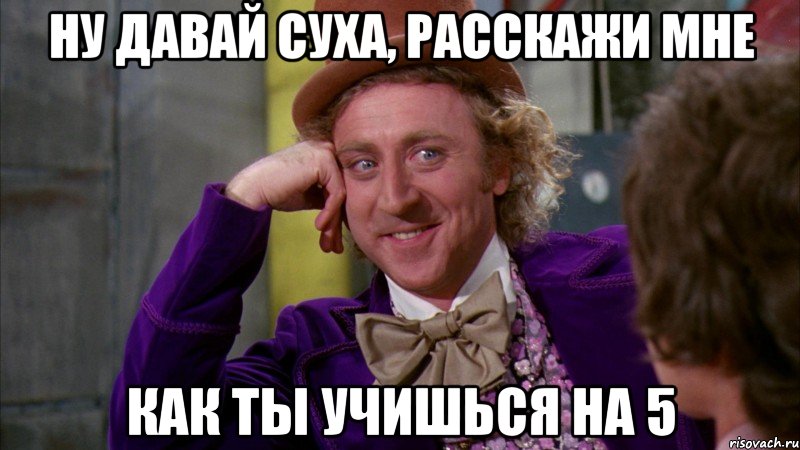 Ну давай Суха, расскажи мне Как ты учишься на 5, Мем Ну давай расскажи (Вилли Вонка)