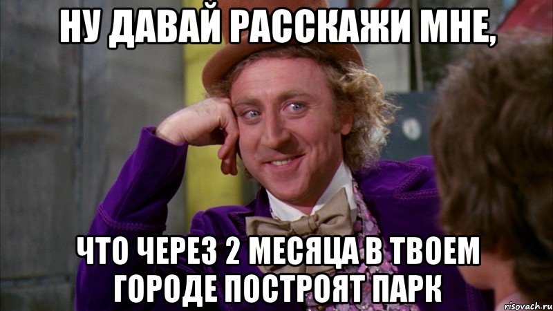 Ну давай расскажи мне, Что через 2 месяца в твоем городе построят парк, Мем Ну давай расскажи (Вилли Вонка)
