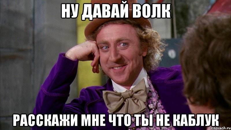 Ну давай Волк Расскажи мне что ты не каблук, Мем Ну давай расскажи (Вилли Вонка)